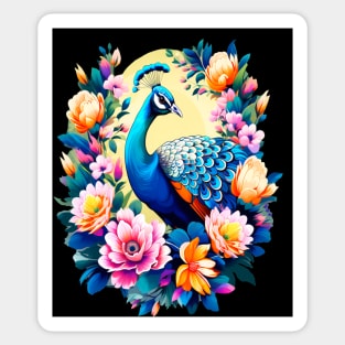 A Cute Peacock Surrounded by Bold Vibrant Spring Flowers Sticker